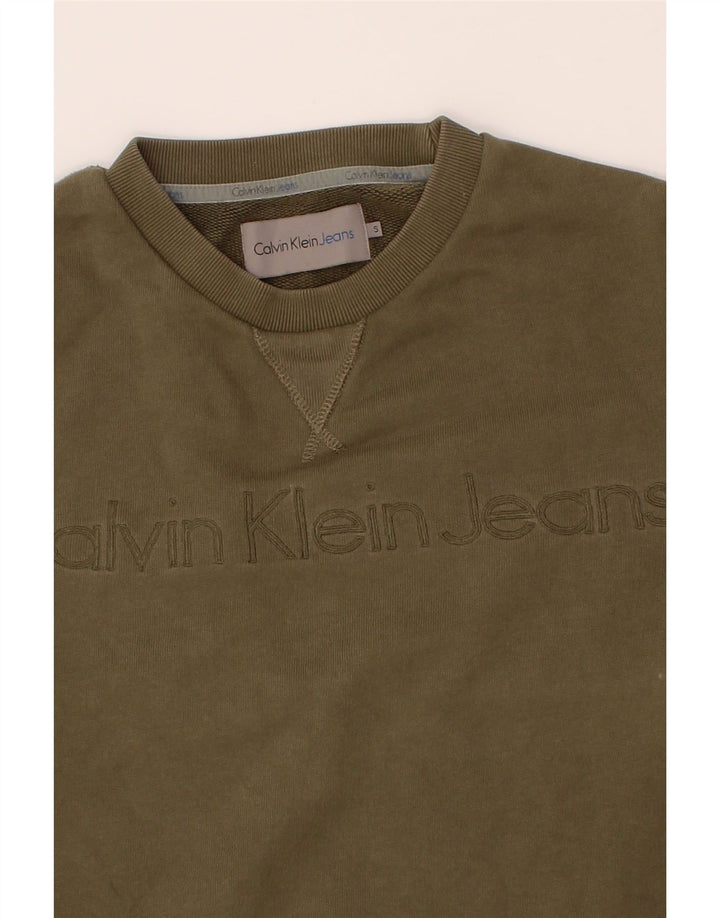 CALVIN KLEIN JEANS Mens Graphic Sweatshirt Jumper Small Khaki Cotton Vintage Calvin Klein Jeans and Second-Hand Calvin Klein Jeans from Messina Hembry 