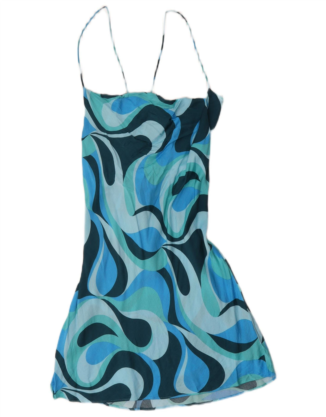 Zara kvinders abstrakt mønster solkjole UK 14 Large Blue Colourblock Viscose