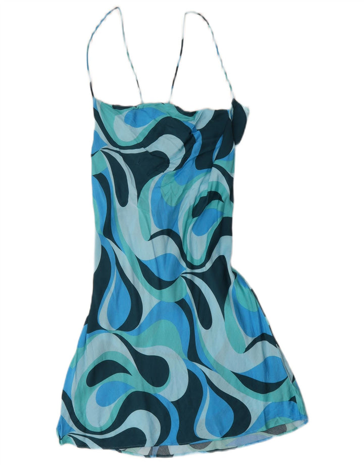 Zara kvinders abstrakt mønster solkjole UK 14 Large Blue Colourblock Viscose