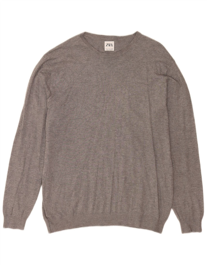 Zara Herre Crew Neck Jumper Sweater Stor Grå Viscose