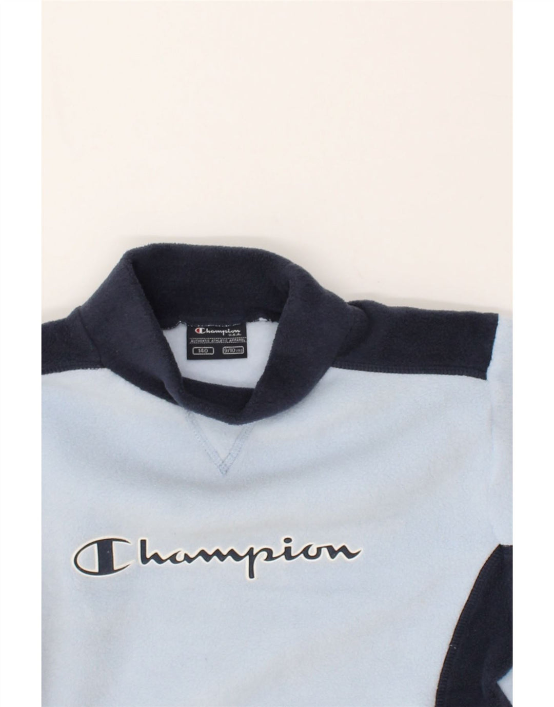 CHAMPION Boys Graphic Fleece Jumper 9-10 Years Blue Colourblock Polyester | Vintage Champion | Thrift | Second-Hand Champion | Used Clothing | Messina Hembry 