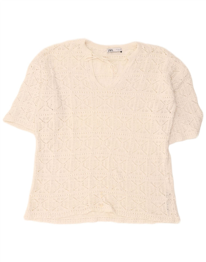 Zara Oversized hæklet bluse Top UK 10 Small White Bomuld