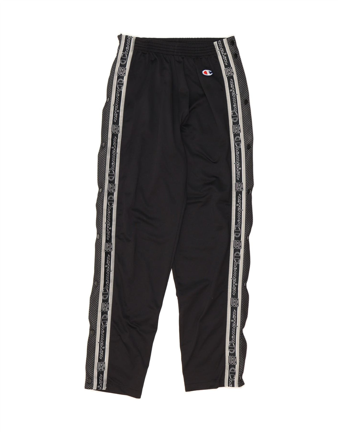 CHAMPION Mens Graphic Tracksuit Trousers Small  Black Polyester Vintage Champion and Second-Hand Champion from Messina Hembry 