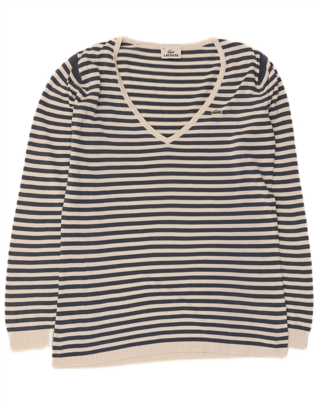 Lacoste Dame V-hals sweater Størrelse 38 Mellem marineblå stribet
