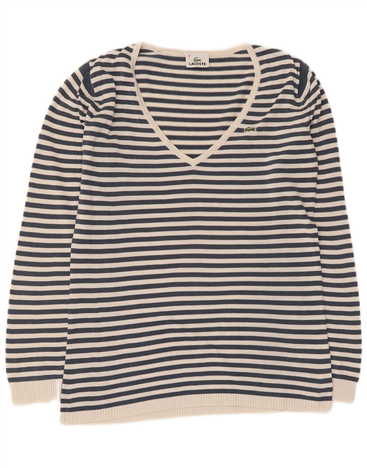 Lacoste Dame V-hals sweater Størrelse 38 Mellem marineblå stribet