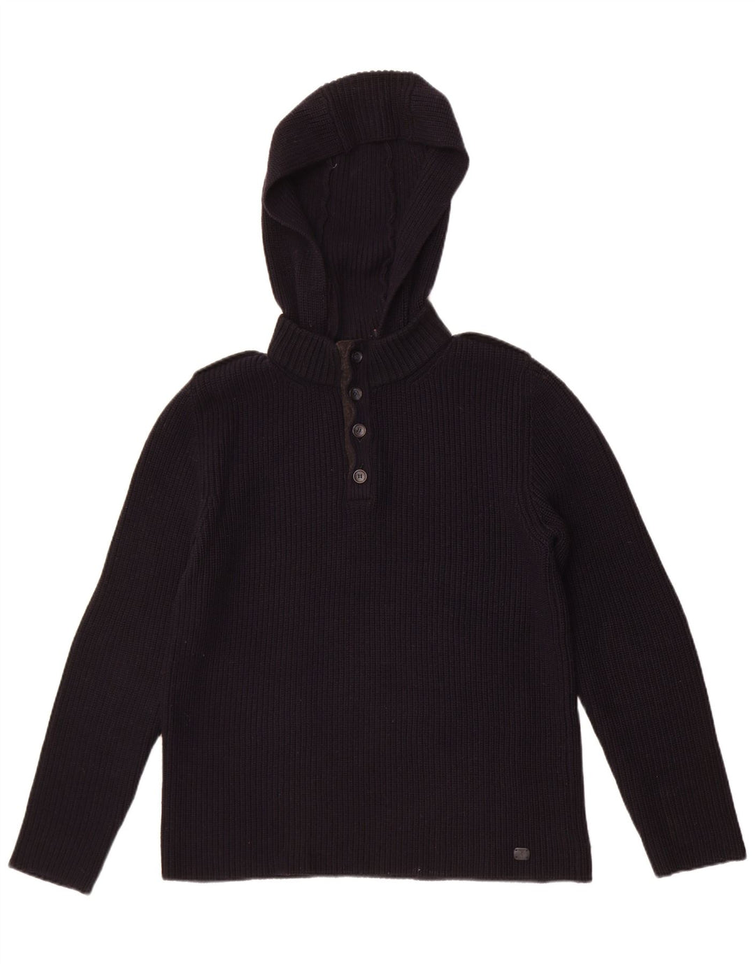 Trussardi Herre Hooded Button Neck Jumper Sweater Medium Navy Blue Uld