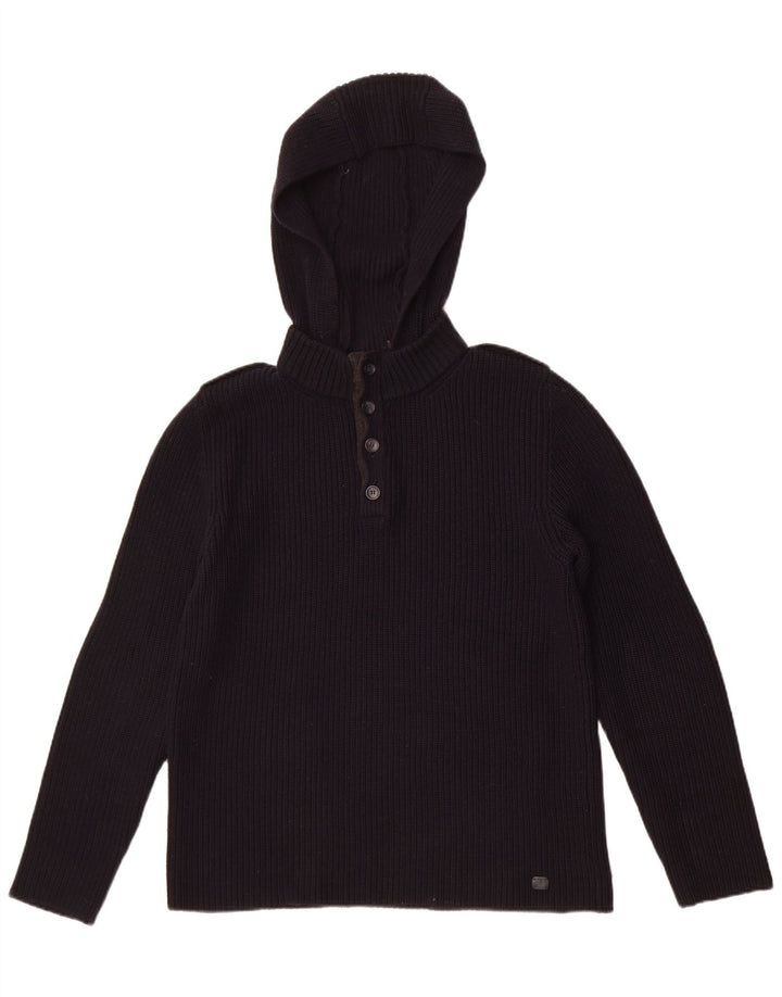 Trussardi Herre Hooded Button Neck Jumper Sweater Medium Navy Blue Uld