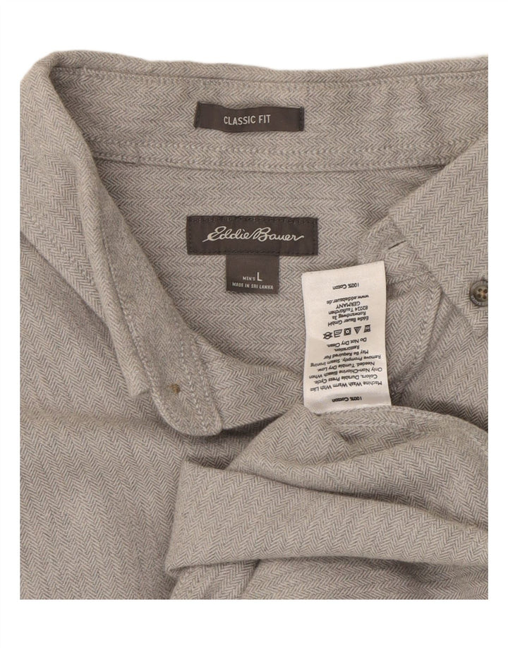 EDDIE BAUER Mens Classic Fit Shirt Large Grey Herringbone Cotton Vintage Eddie Bauer and Second-Hand Eddie Bauer from Messina Hembry 