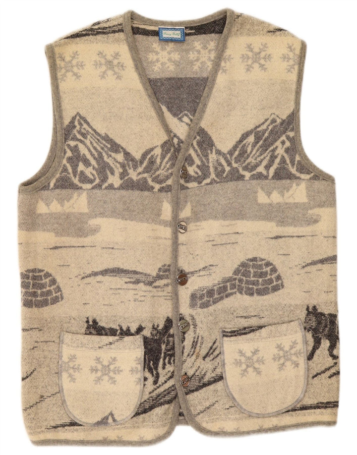 Vintage herre grafisk ærmeløs cardigan sweater mellemgrå uld
