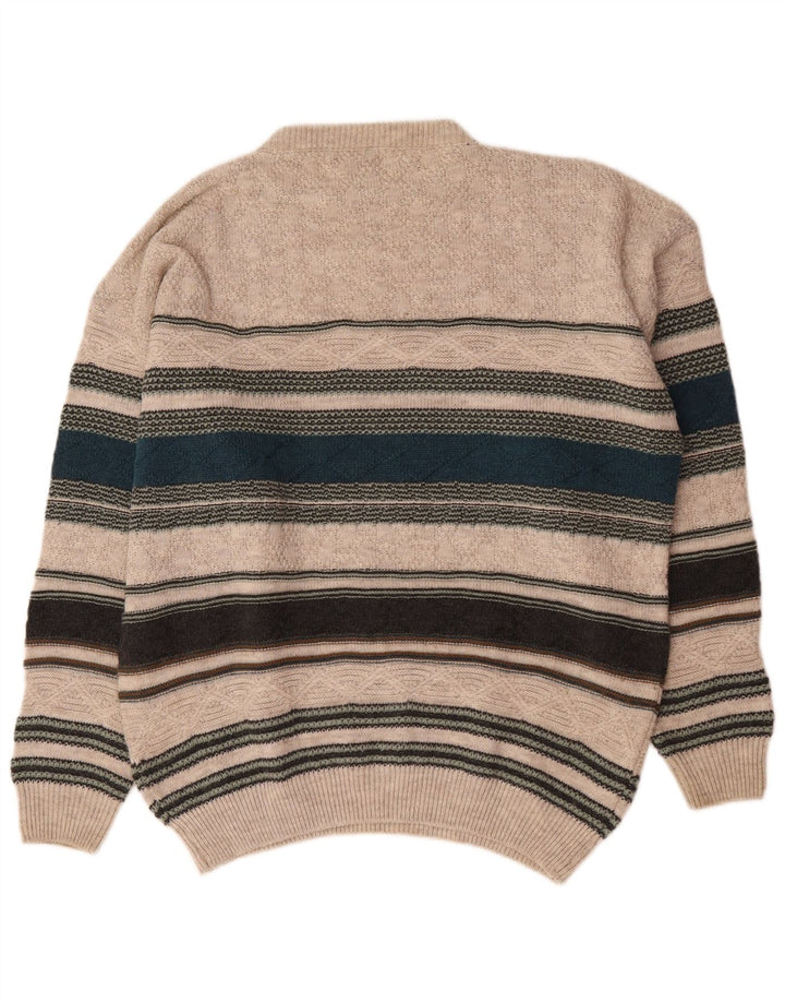 Island Herre rund hals sweater stor beige stribet uld
