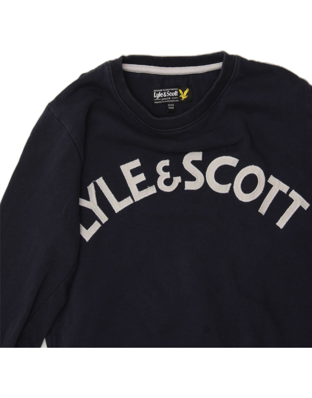 LYLE & SCOTT Boys Graphic Sweatshirt Jumper 12-13 Years Navy Blue Cotton Vintage Lyle & Scott and Second-Hand Lyle & Scott from Messina Hembry 