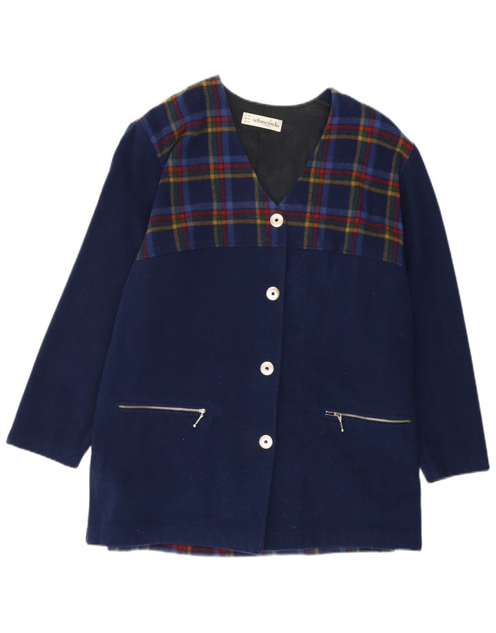 SCHMEINCK Dame Overfrakke UK 16 Large Navy Blue Check Wool