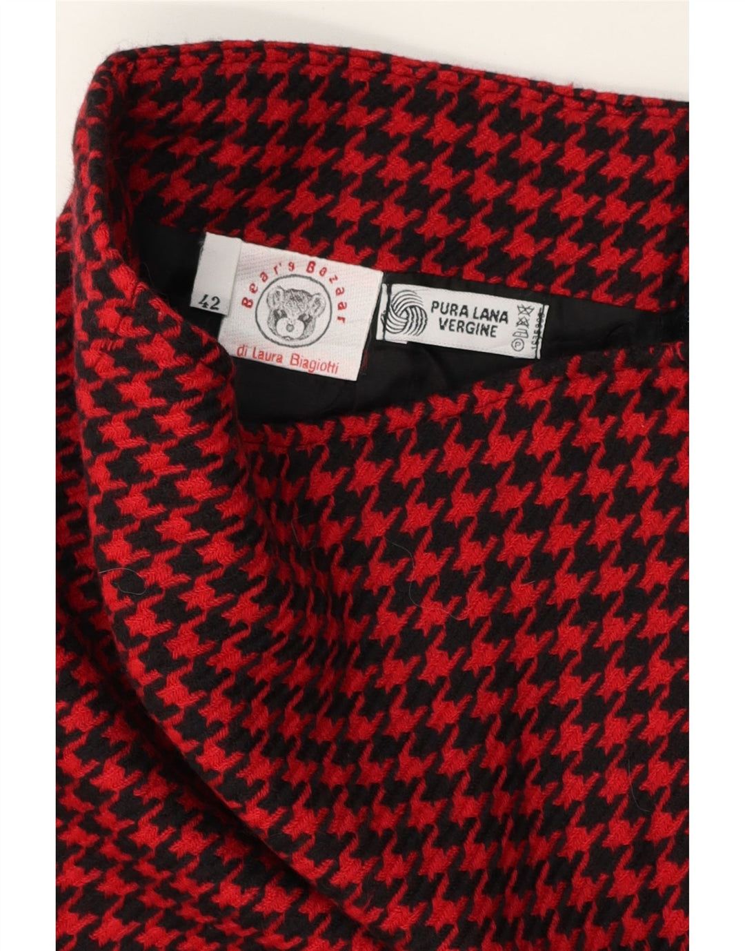 LAURA BIAGIOTTI Womens Pencil Skirt IT 42 Medium W28 Red Houndstooth Wool Vintage Laura Biagiotti and Second-Hand Laura Biagiotti from Messina Hembry 