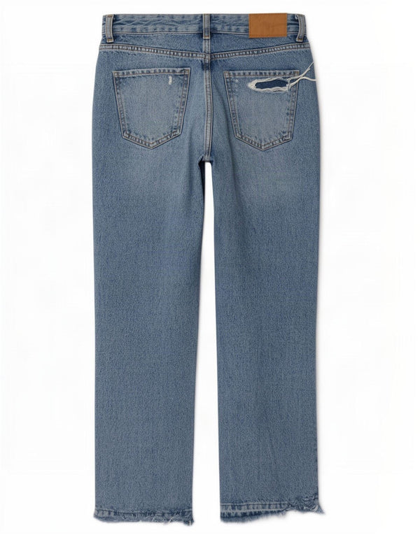 Zara Dame High Rise Distressed Straight Jeans EU 34 2XS W24 L27 Blå