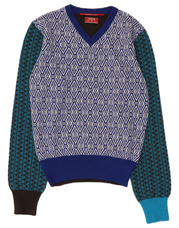 Vintage Dame V-hals sweater UK 14 Medium Flerfarvet Patchwork