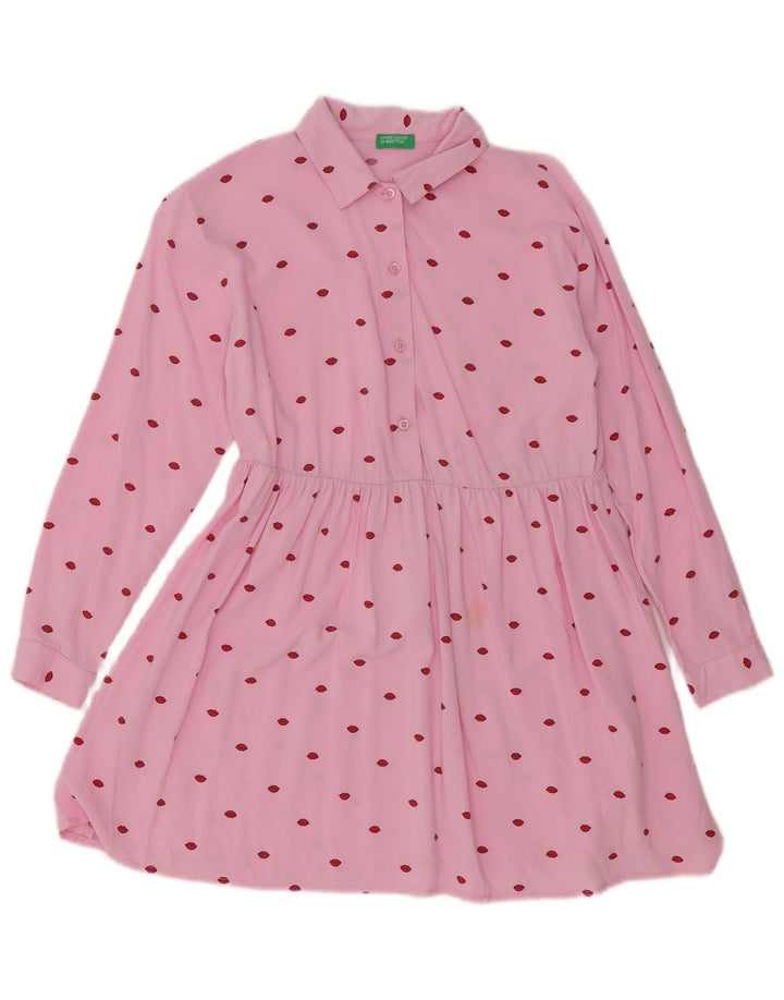 Benetton Kvinders Abstrakt Mønster Langærmet A-Line Kjole UK 10 Lille Pink
