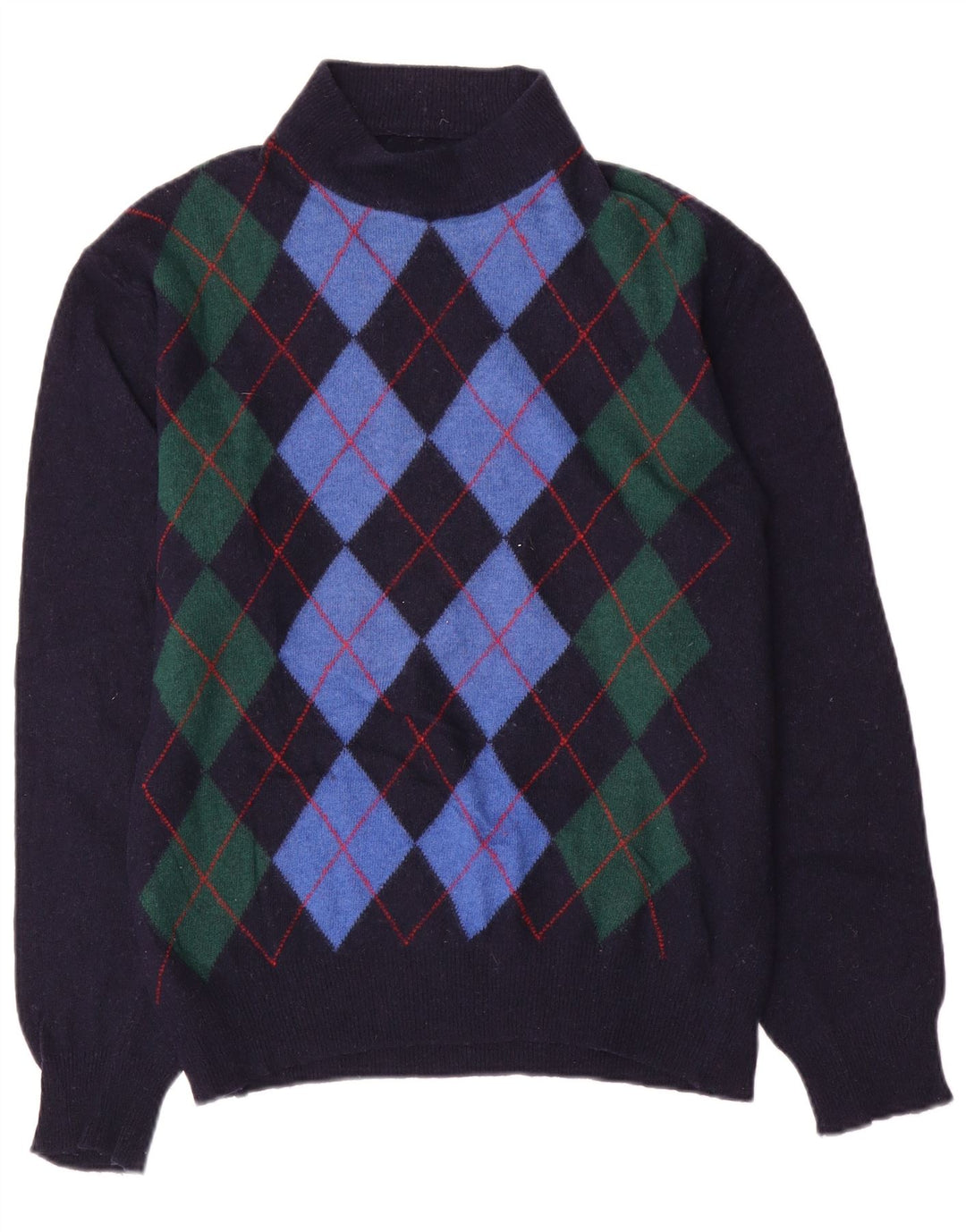 Vintage Herre Turtle Neck Jumper Sweater Medium Navy Blue Argyle/Diamond