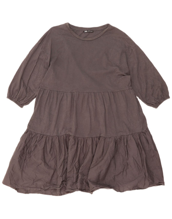 Zara Dame 3/4-ærmet Tiered Dress UK 16 Large Grå Bomuld