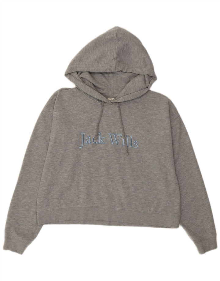 JACK WILLS Dame Crop Grafisk Hoodie Jumper UK 12 Medium Grey Bomuld