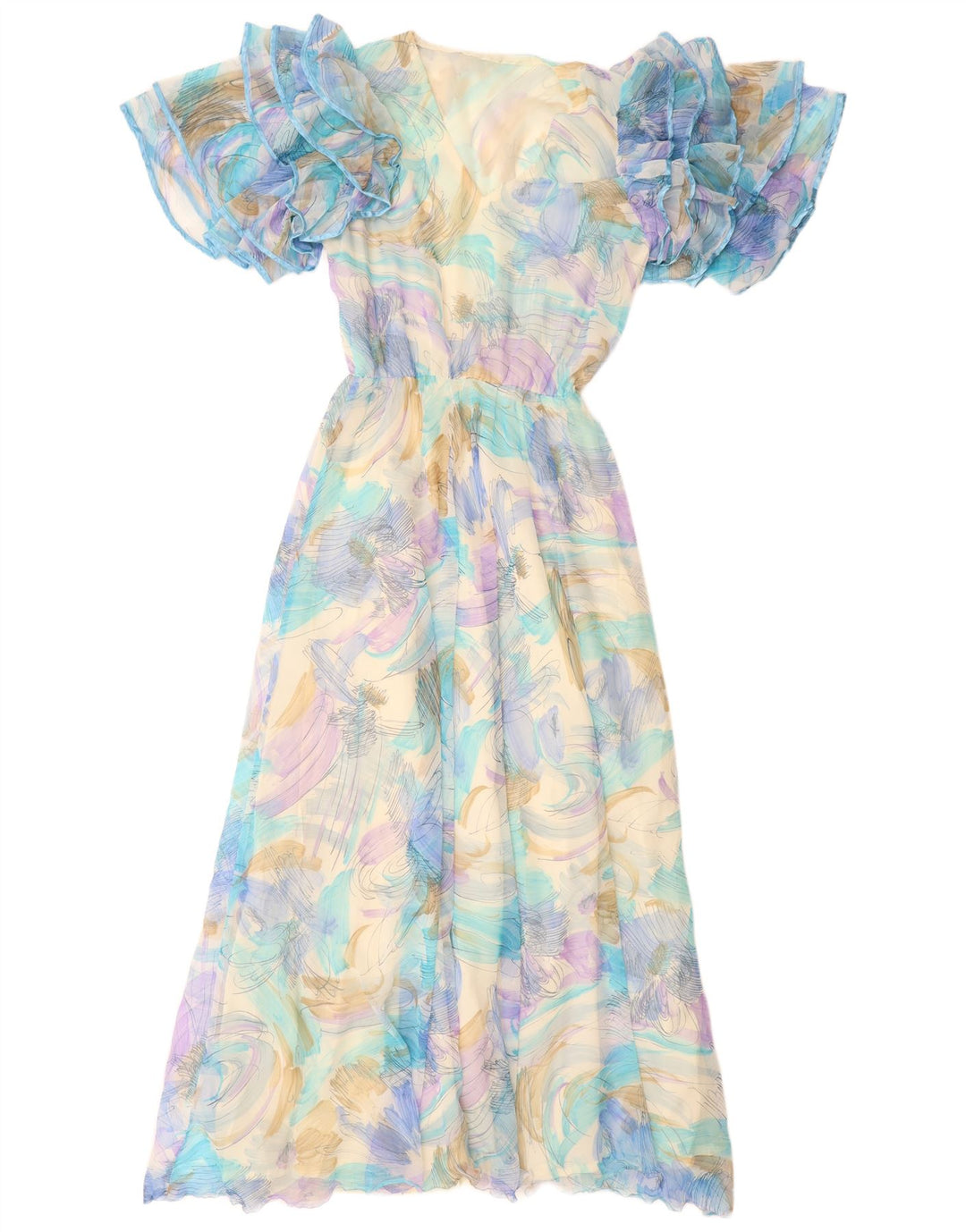 VINTAGE kvinders abstrakt mønster Maxikjole UK 12 Medium Blue