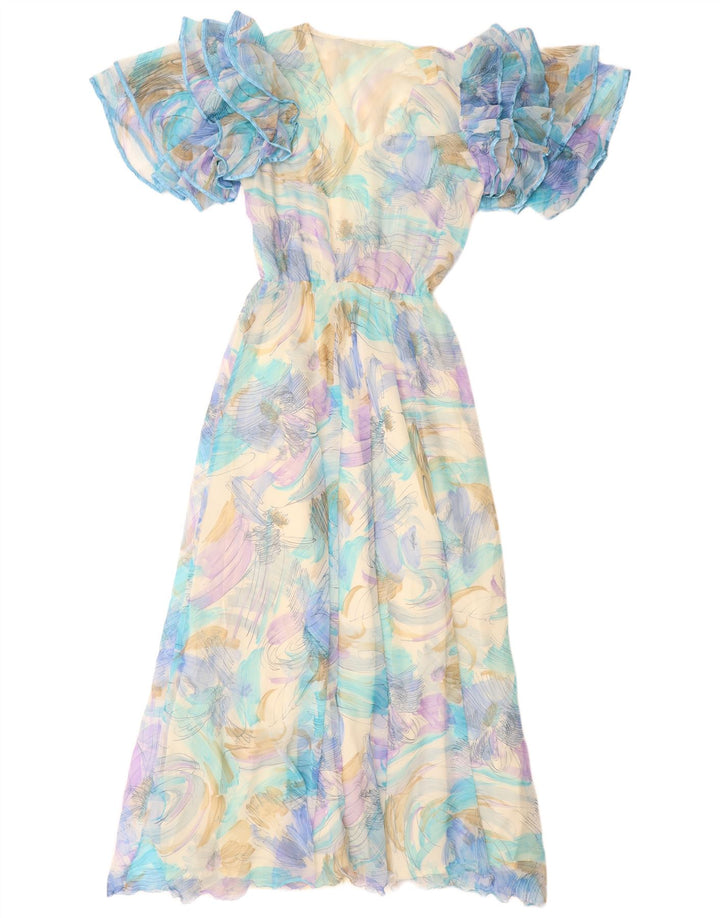 VINTAGE kvinders abstrakt mønster Maxikjole UK 12 Medium Blue