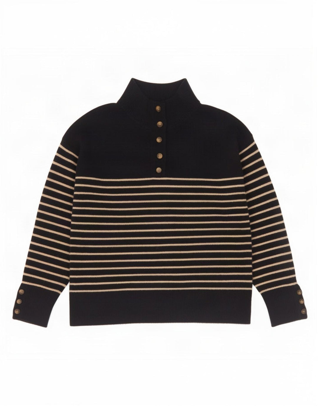 Zara Dame Button Neck Jumper Sweater UK 14 Medium Navy Blue Striped
