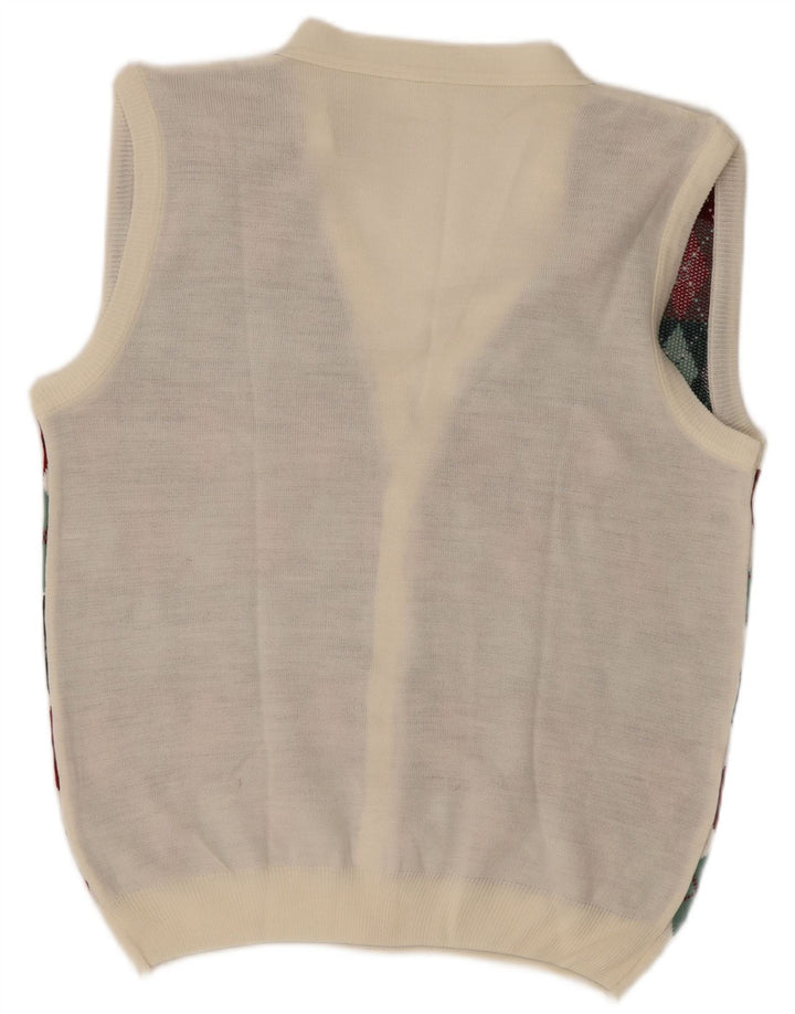 Vintage herre ærmeløs cardigan sweater Large White Argyle/Diamond