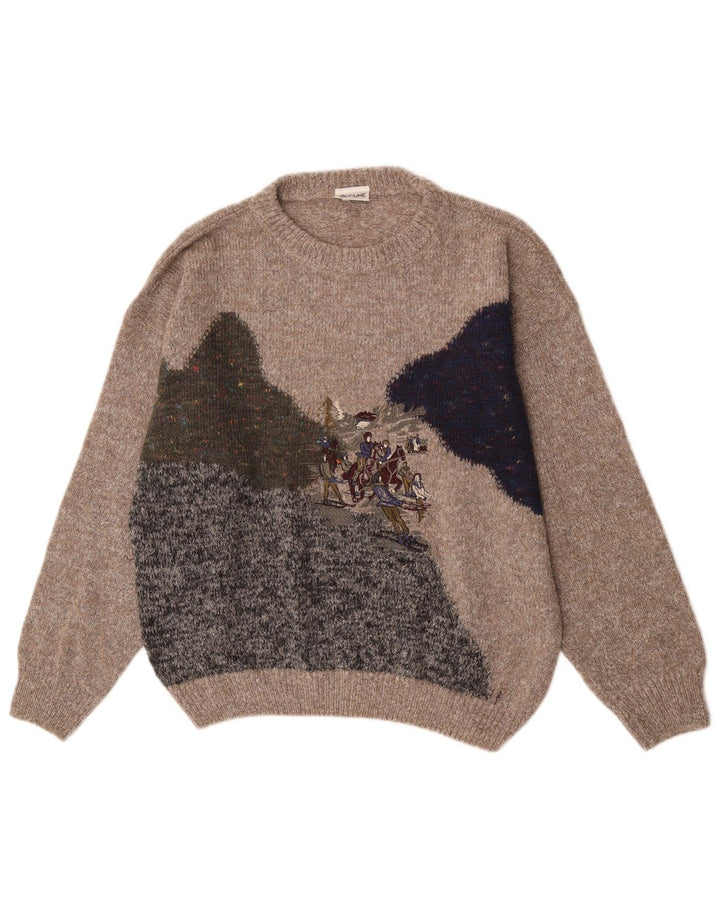Fiume Herre grafisk rund hals sweater IT 52 Stor brun farveblok