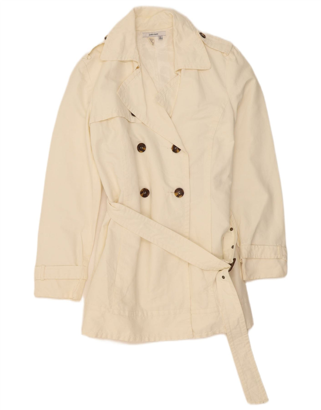 Zara Dame Dobbeltradet Trench Coat UK 14 Large Off White Bomuld