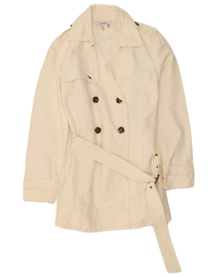 Zara Dame Dobbeltradet Trench Coat UK 14 Large Off White Bomuld