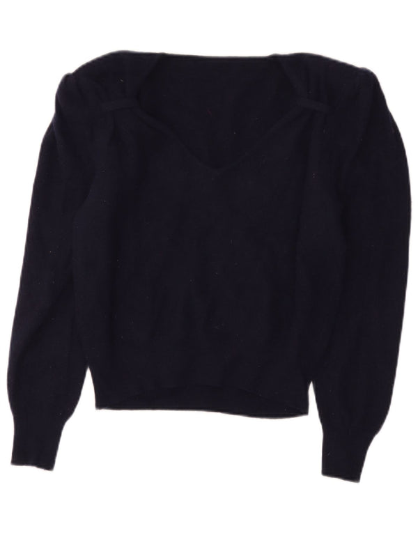 Vintage Dame Crop V-hals sweater IT 44 Medium Marineblå Uld