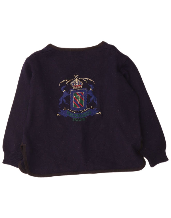 Trussardi Jeans Dame Grafisk Cardigan Sweater UK 16 Large Navy Blue