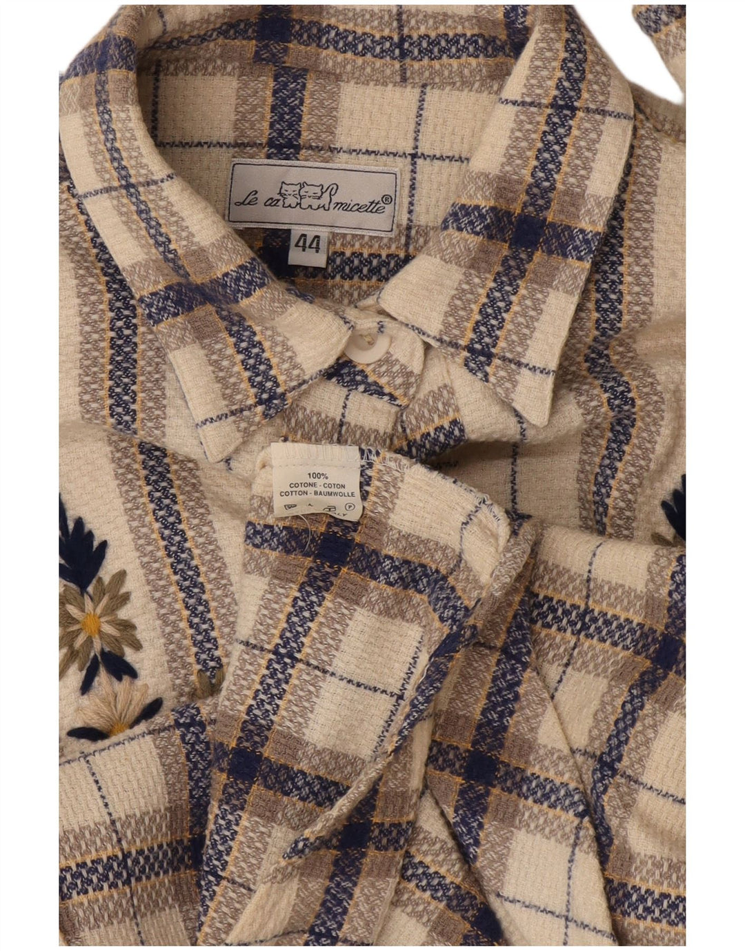 Vintage flannelskjorte til kvinder EU 44 XL Off White ternet bomuld