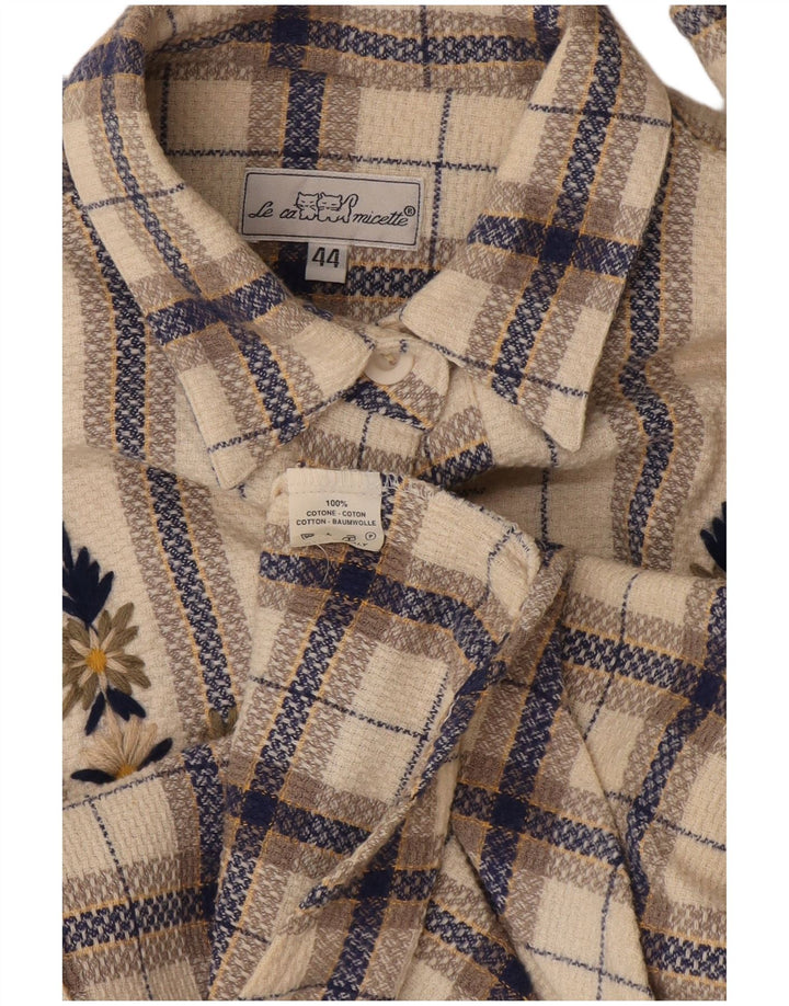 Vintage flannelskjorte til kvinder EU 44 XL Off White ternet bomuld