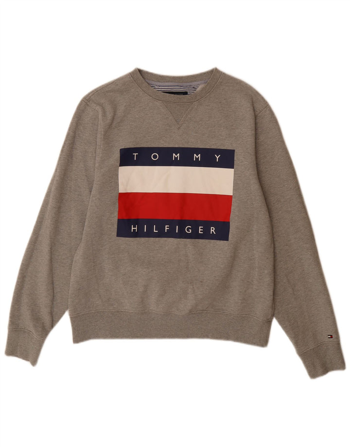 TOMMY HILFIGER Grafisk sweatshirt til kvinder UK 14 mellemgrå bomuld