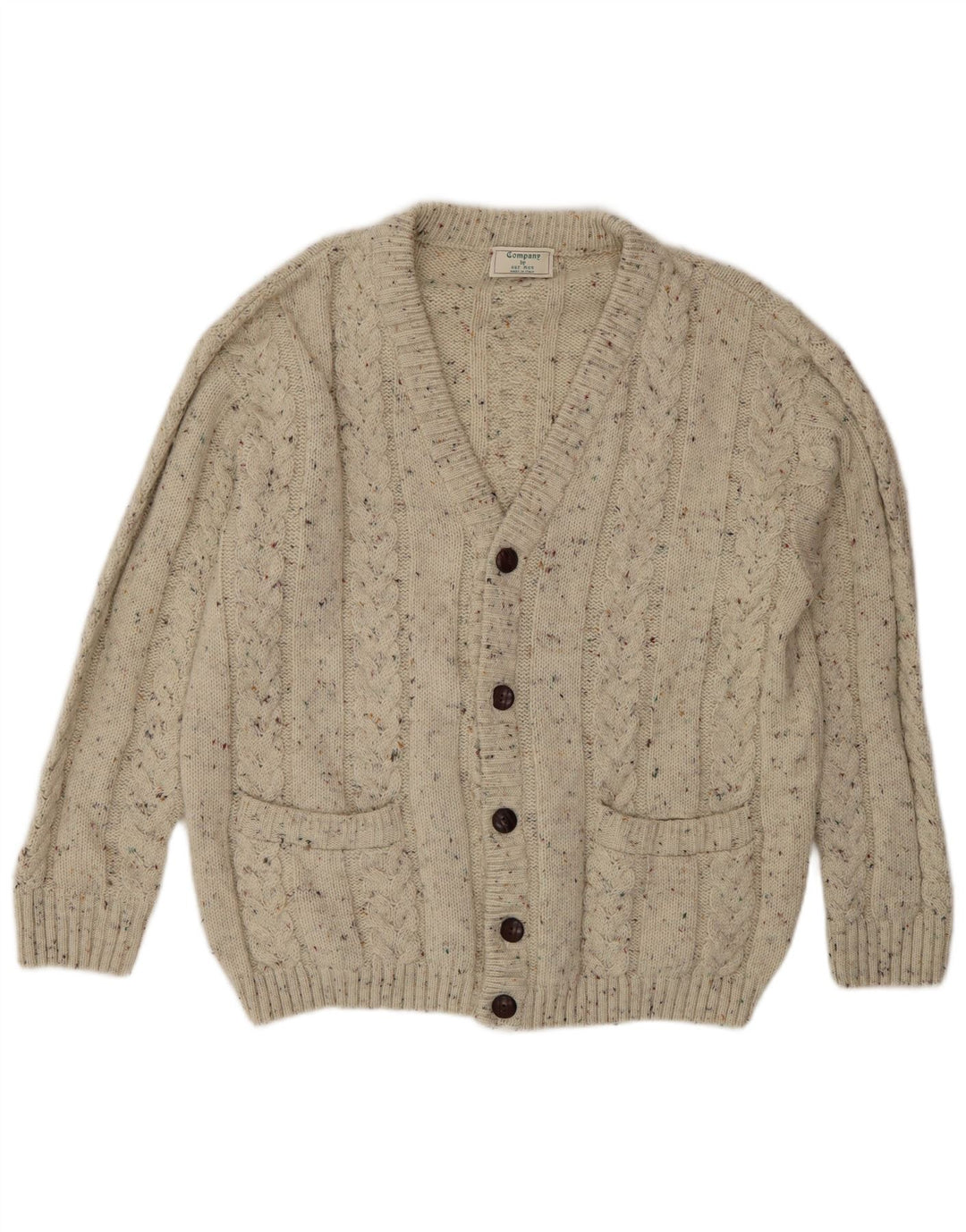 Vintage cardigan sweater til mænd, stor beige flækket uld