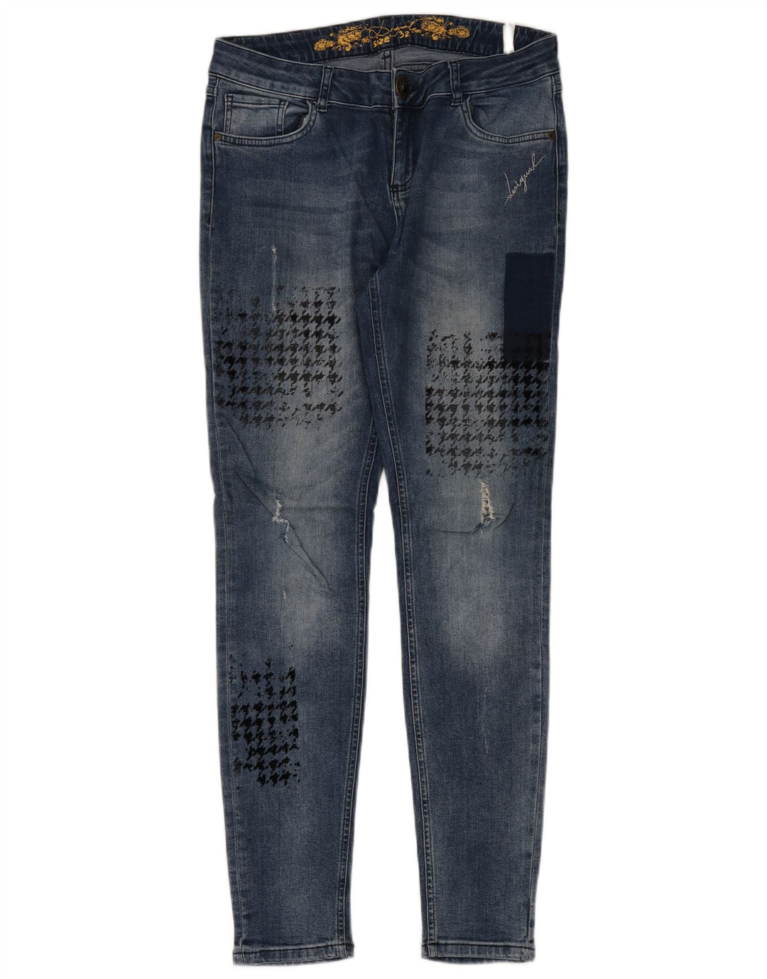 DESIGUAL Dame nødlidende Skinny Jeans W32 L32 Blå Houndstooth Bomuld