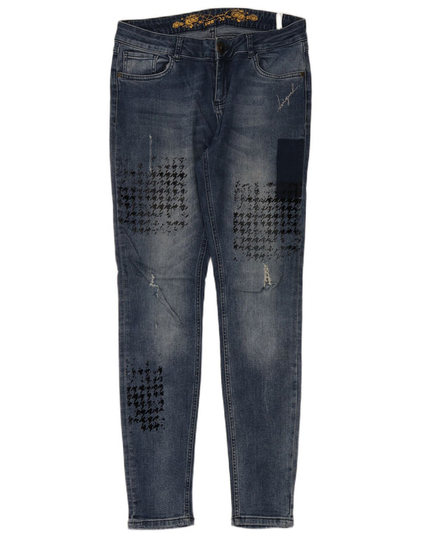 DESIGUAL Dame nødlidende Skinny Jeans W32 L32 Blå Houndstooth Bomuld