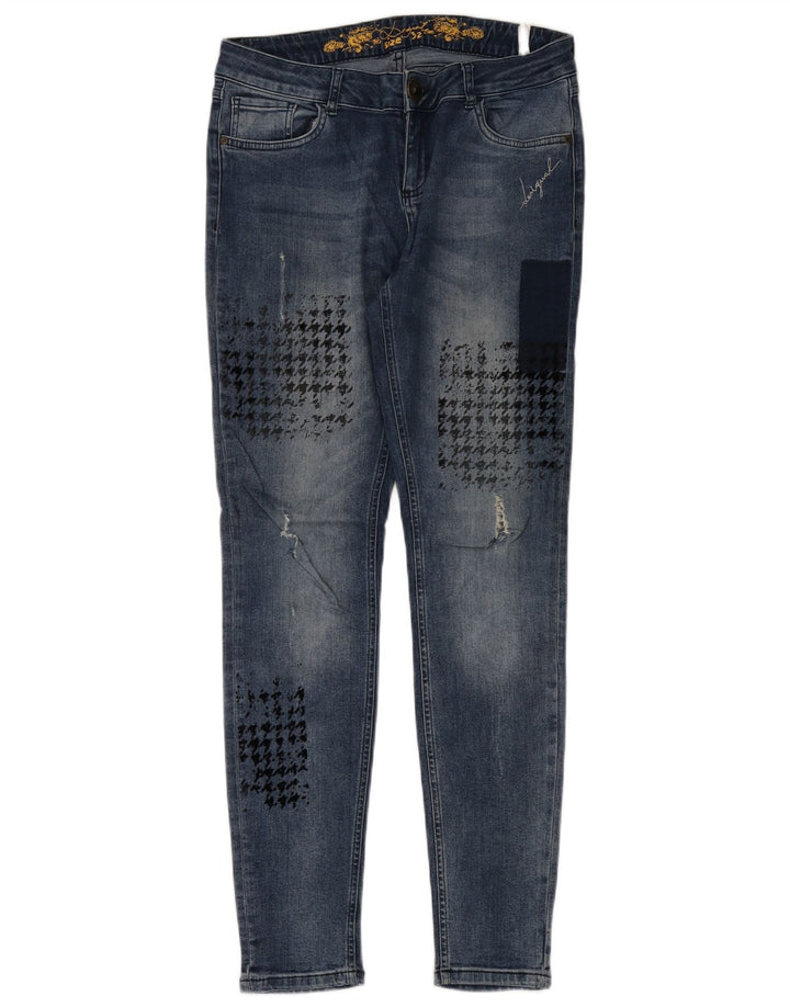 DESIGUAL Dame nødlidende Skinny Jeans W32 L32 Blå Houndstooth Bomuld