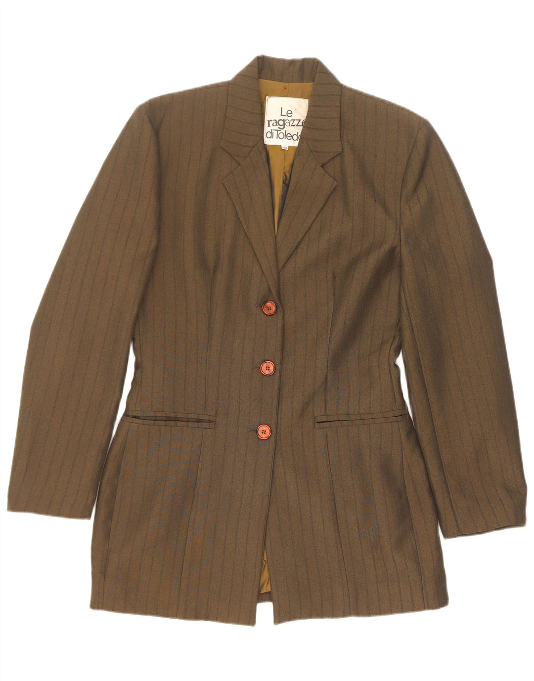 Vintage Kvinders 3-Knaps Blazer Jakke IT 44 Medium Khaki Stribet Polyester