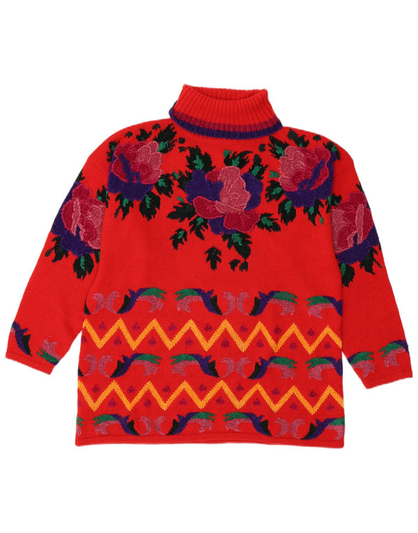 Vintage Dame Roll Neck Jumper Sweater UK 18 XL Rød Blomster Polyacryl