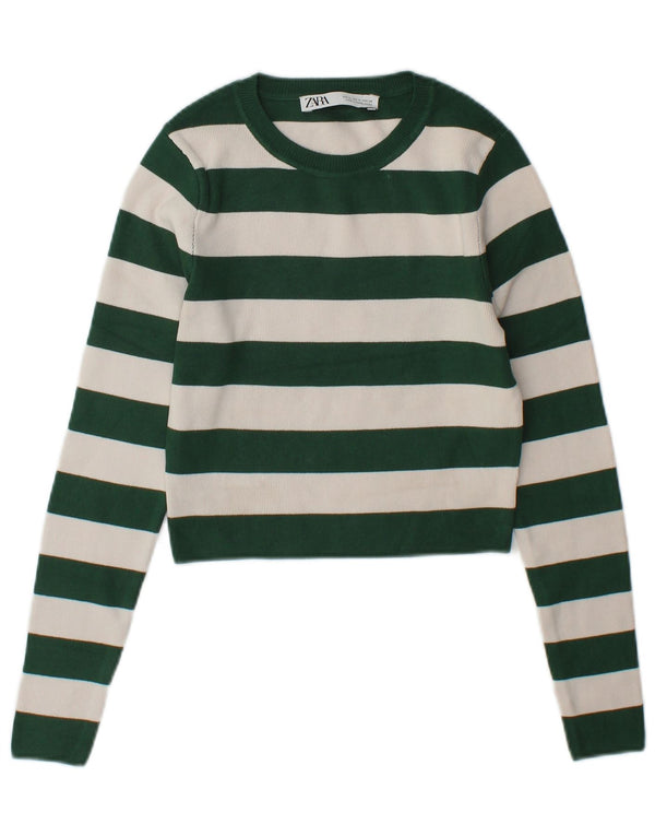 Zara Womens Crop Boat Neck Jumper Sweater UK 12 Medium Grøn Stribet