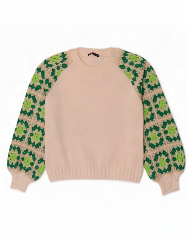 Zara Dame Boat Neck Jumper Sweater UK 10 Small White Geometric