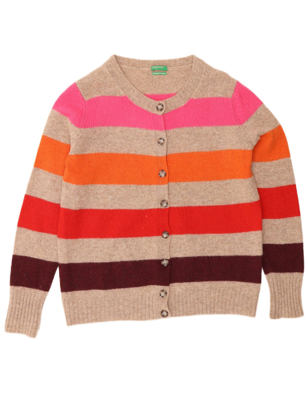 Benetton Dame Cardigan Sweater UK 16 Stor Grå Stribet Uld