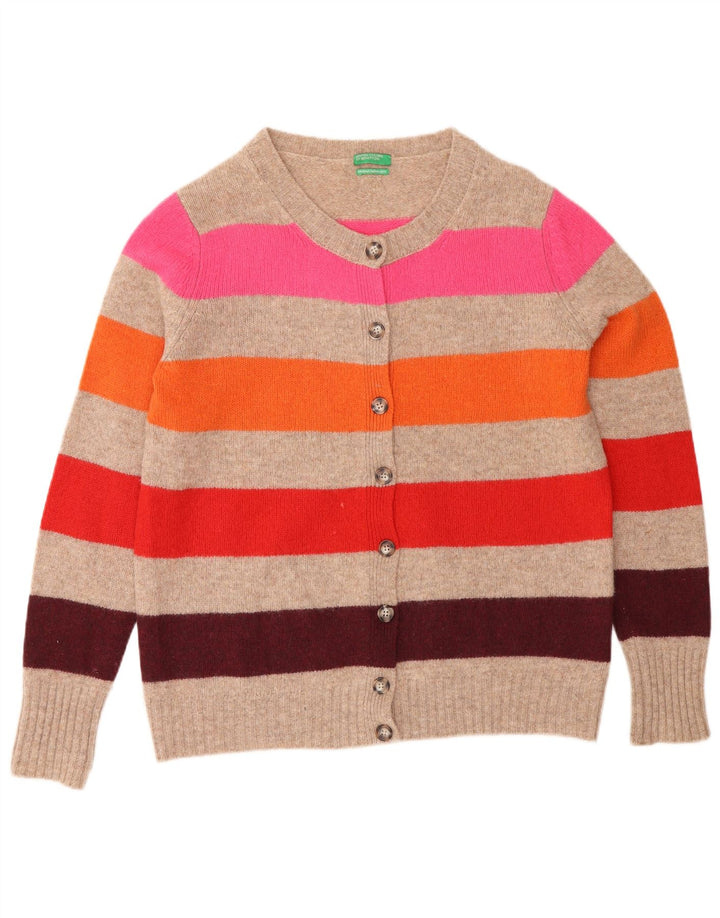 Benetton Dame Cardigan Sweater UK 16 Stor Grå Stribet Uld
