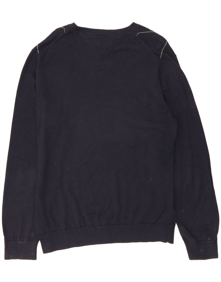 TOMMY HILFIGER Mens V-Neck Jumper Sweater Large Navy Blue Argyle/Diamond Vintage Tommy Hilfiger and Second-Hand Tommy Hilfiger from Messina Hembry 