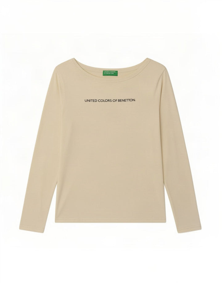 Benetton Dame Grafisk Top Langærmet UK 8 Small Beige