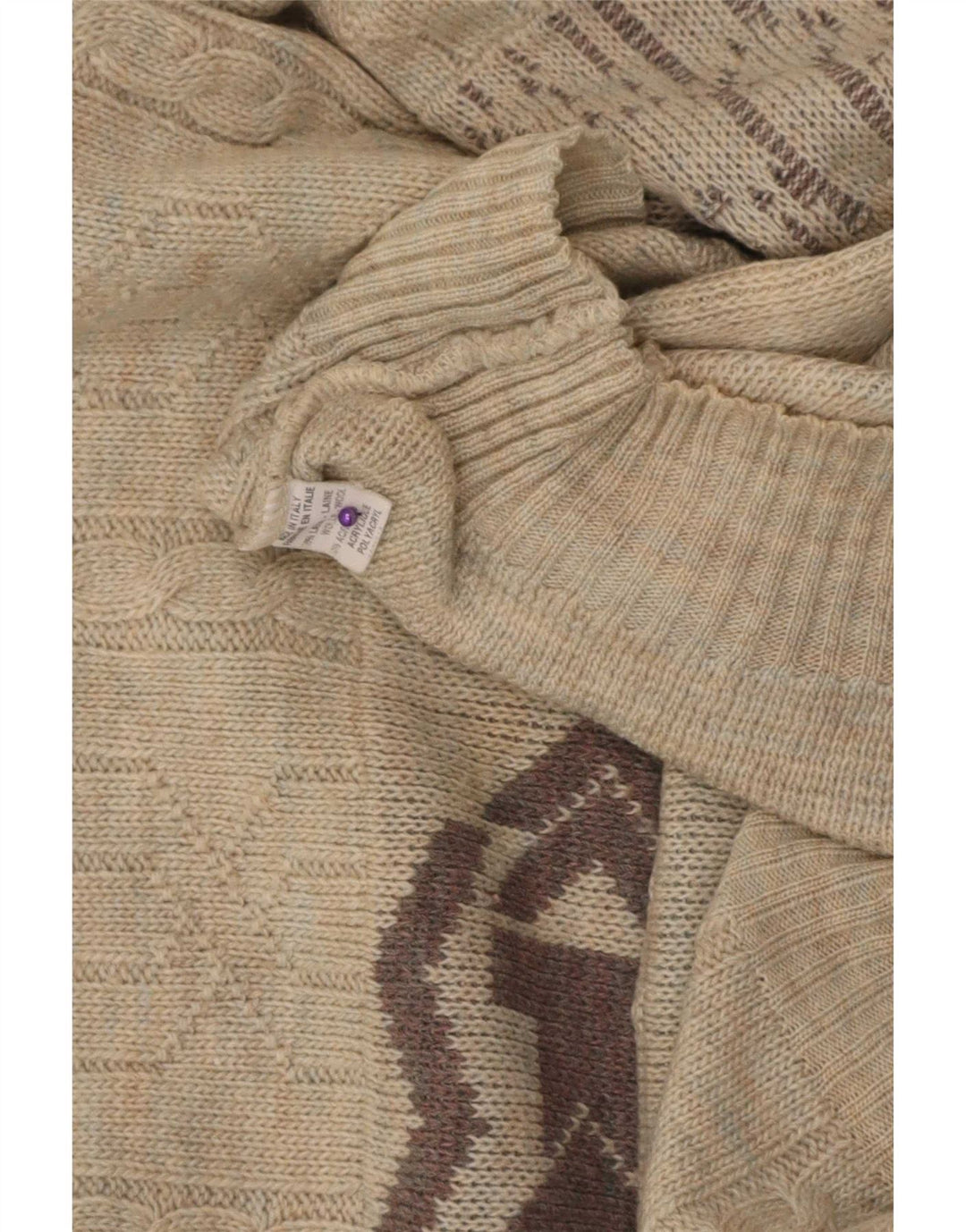 Vintage herre sweater med rund hals XL Beige geometrisk uld