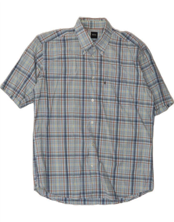 HUGO BOSS Mens Short Sleeve Shirt Large Blue Plaid Vintage Hugo Boss and Second-Hand Hugo Boss from Messina Hembry 