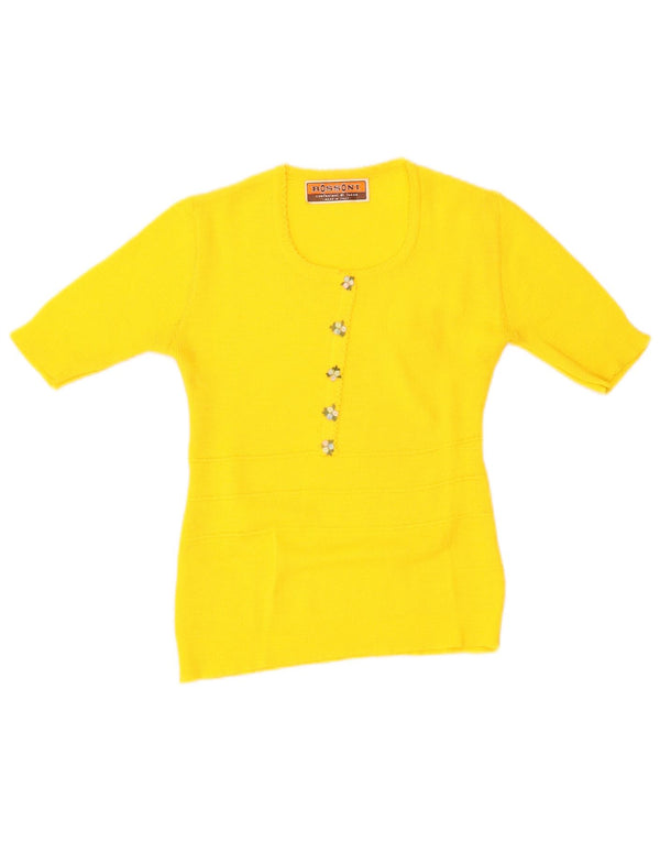 Vintage Dame Boat Neck Jumper Sweater UK 12 Medium Yellow Floral